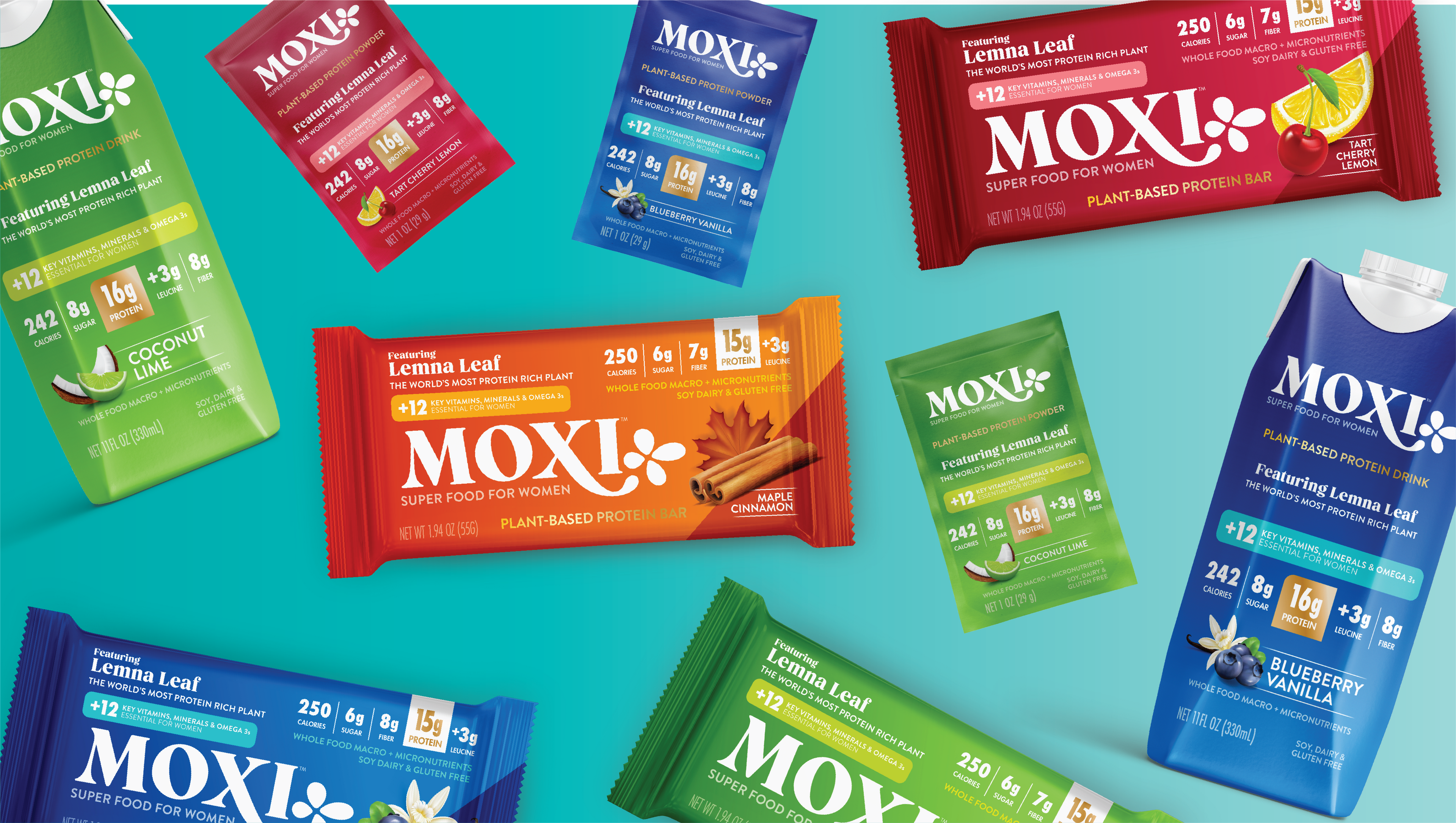 A collection of Moxi food products, including bars, shakes and powders